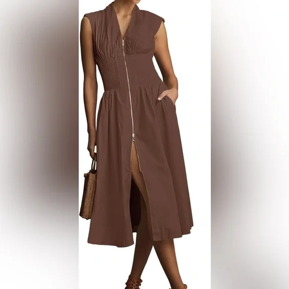 Anthropologie The Tommie Cap-Sleeve Smocked Front-Zip Shirt Dress - Picture 5 of 5